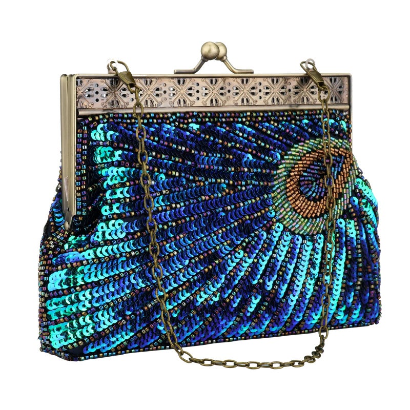 VISTATROY Peacock Clutch Beaded Sequin Vintage Evening Handbag 1920s Party Wedding Purse - Image 1